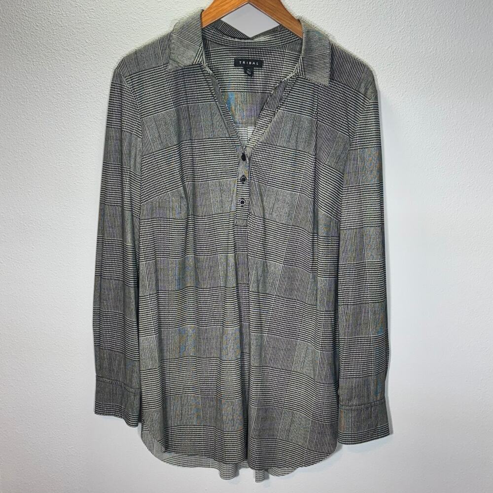 Tribal Blouse Women L Plaid Button Long Sleeve Black Top Work Office Casual